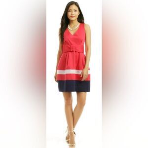 Kate Spade Sawyer belted V neck coral/white/navy colorblock stripe midi. Size 10